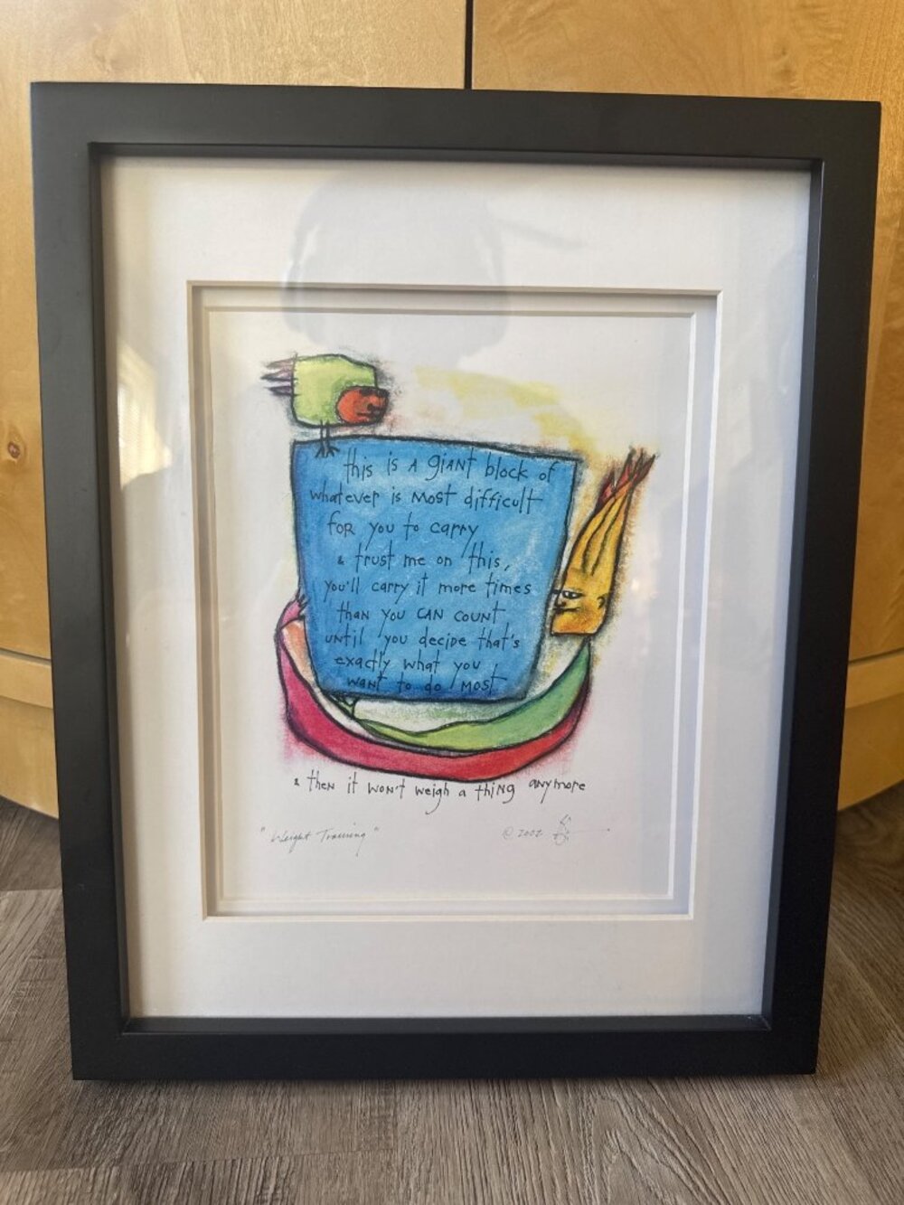 Storypeople Weight Training Print Framed Matted Folk Art 1994 Brian Andreas Sign